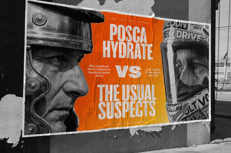 A wheatpasted fight poster featuring A gladiator representing Posca Hydrate and a face in a race car helmet representing energy and sports drinks
