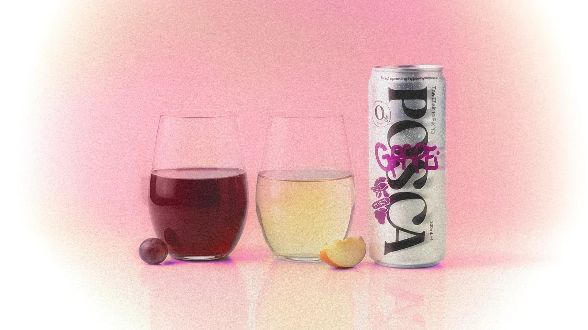 Deep-red grape vinegar in a glass beside pale apple cider vinegar on clean white seamless, with a condensation-beaded Posca Hydrate can in frame