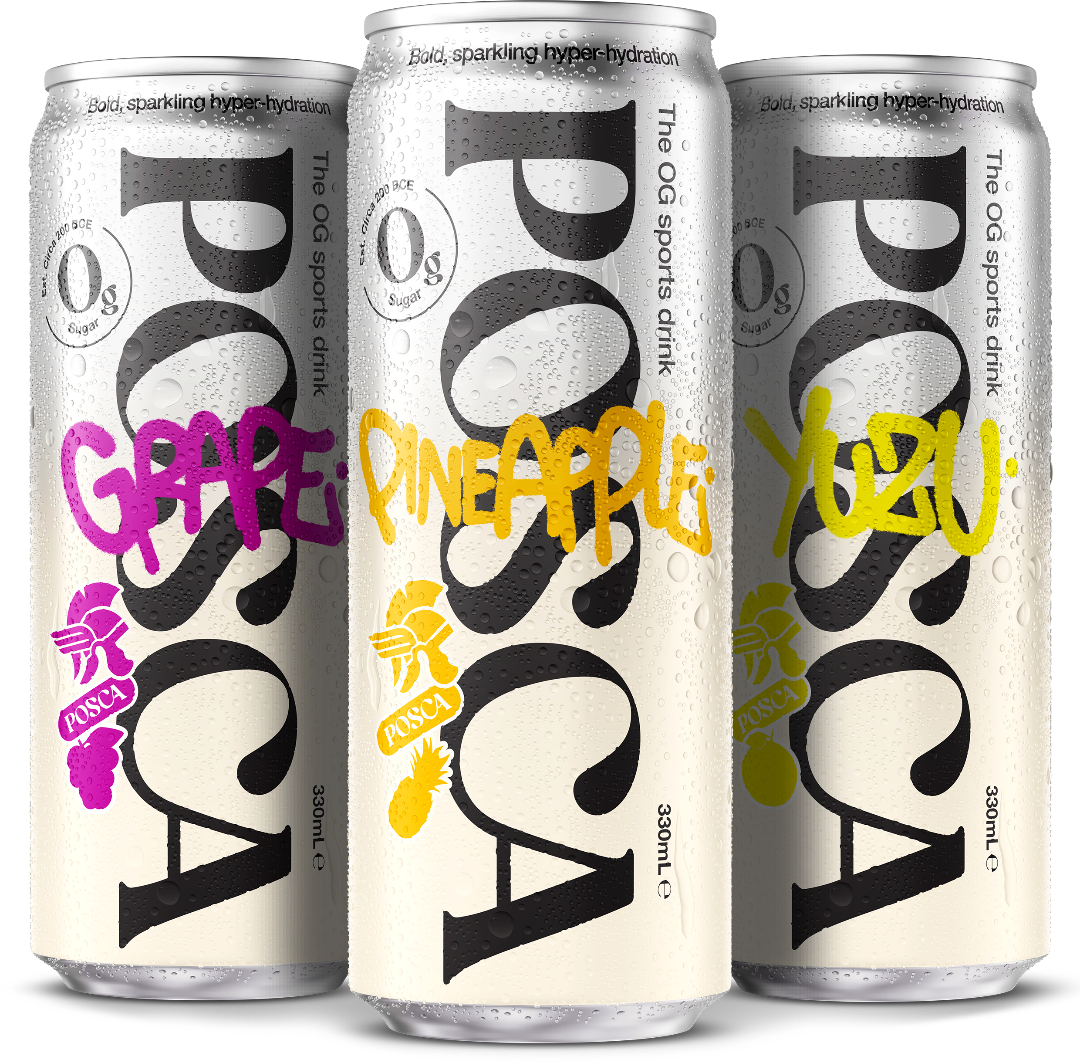 Three cans of POSCA Hydrate drinks with different flavours, Grape, Pineapple and yuzu 