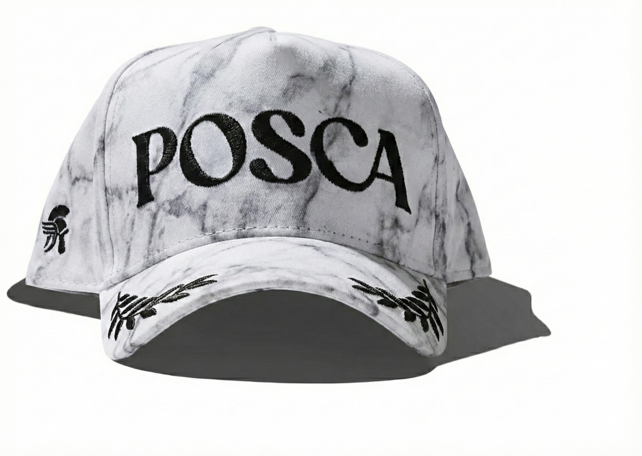 Marble-patterned cap with 'POSCA' branding on a white background
